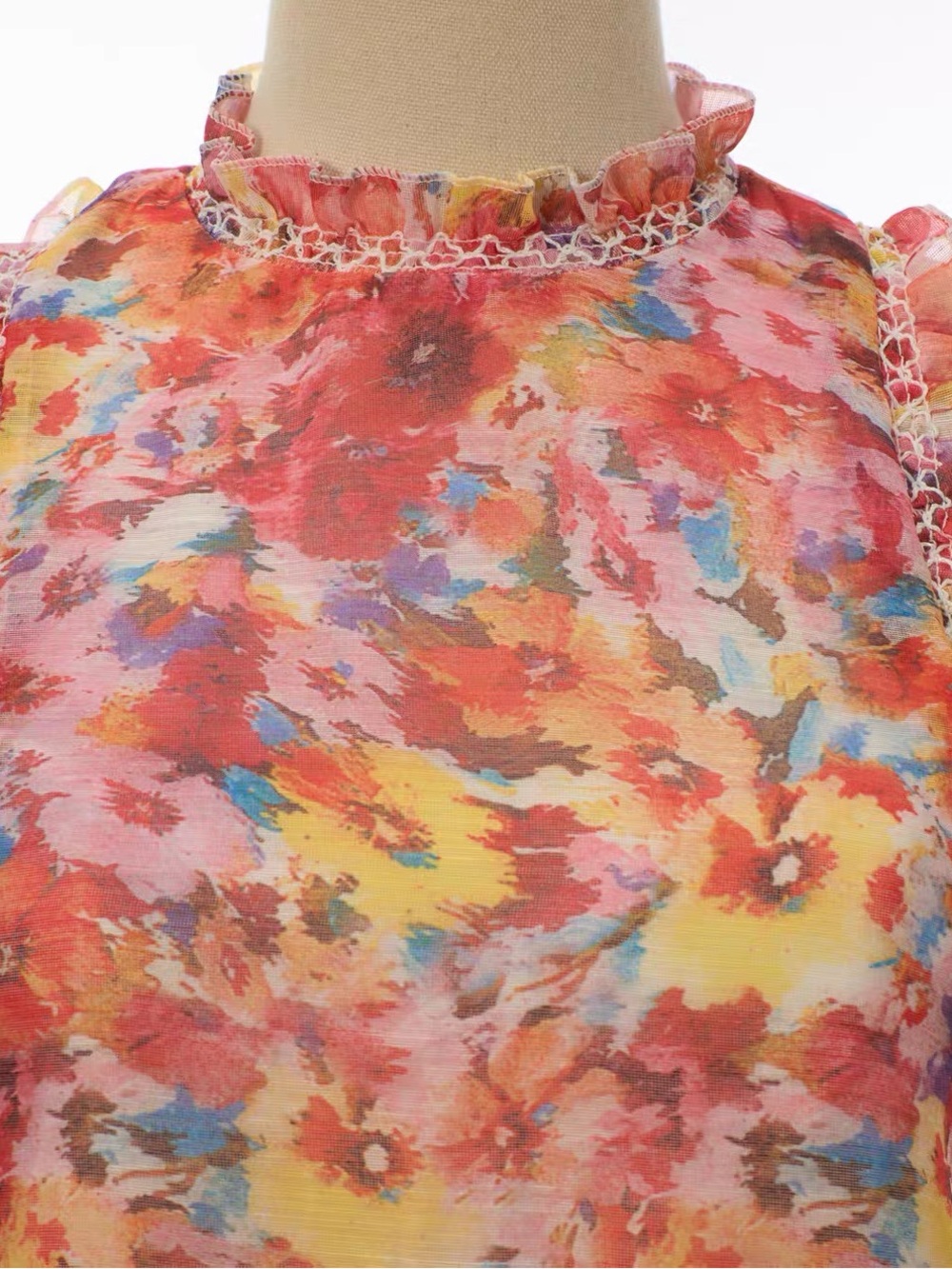 Designer Sleeveless Pink Floral Ruffle Mini Dress - Picture 7 of 12